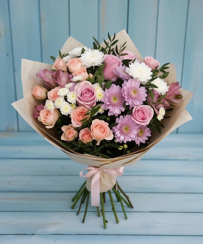 Букет цветов из: Хризантемы, Розы и Альстромерии в Журавлёвке
