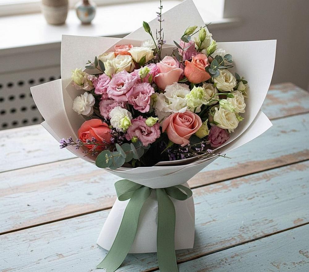 Букет цветов из: Розы, Лизиантусы и Гвоздики в Журавлёвке