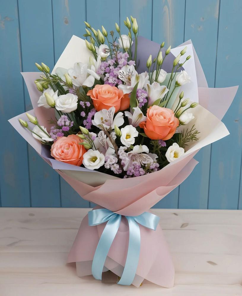 Букет цветов из: Лизиантусы, Розы, Альстромерии и Гипсофила в Журавлёвке