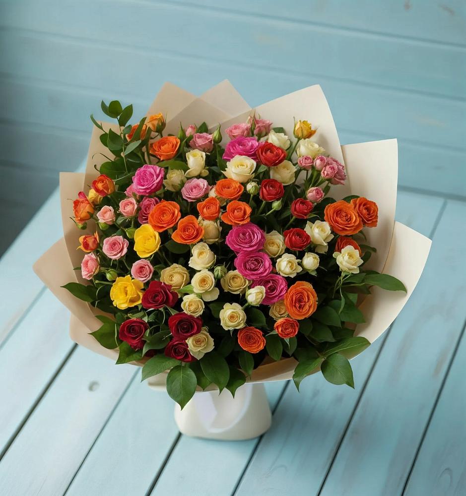 Букет Микс из разноцветных кустовых роз в Журавлёвке